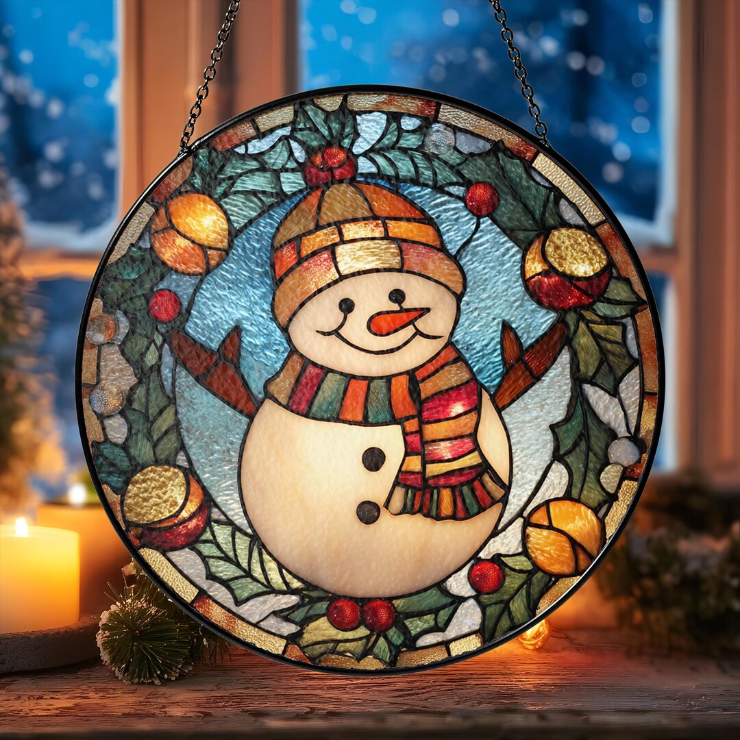 Snowman Stained Glass Suncatcher, Christmas Holiday Window Hanging ...