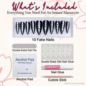May include: A set of black and white fake nails with a skeleton bone design, packaged with a nail file, alcohol pad, double-sided gel nail glue, nail glue, and a cuticle stick. The text "What's Included" and "Everything You Need For An Instant Manucyre" is visible.