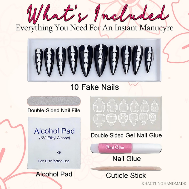 May include: A set of black and white fake nails with a skeleton bone design, packaged with a nail file, alcohol pad, double-sided gel nail glue, nail glue, and a cuticle stick. The text "What's Included" and "Everything You Need For An Instant Manucyre" is visible.