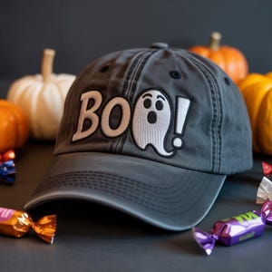 Boo Ghost Embroidered Baseball Hat, Spooky Season Embroidered Halloween Washed Cap, Halloween decor, Trick or Treat, Embroidered Cap