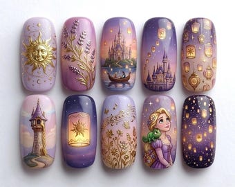 Rapunzel Press On Nails | 3D Golden Sun Floating Lantern Nails | Purple Fairy Tale Fake Nails | Magical Princess Art Gift for Her