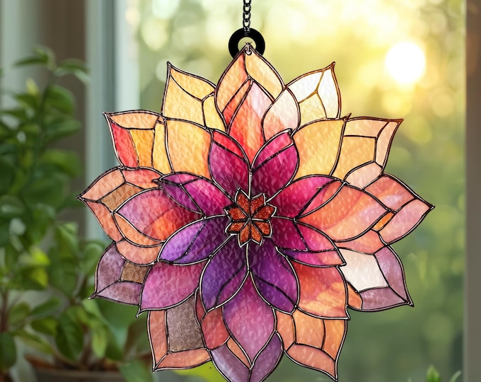 Dahlia Acrylic Suncatcher –  Boho Home Decor, Stunning Beautiful Flower Window Hanging Decor, Handmade Lotus Flower Window Hanging