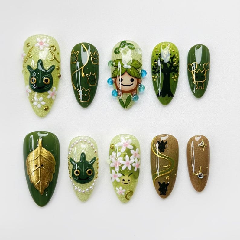 Korok Forest Press On Nails | Legend of Zelda Inspired Nail Art | Cute Green Fantasy Forest Nails | Gamer Gift for Her image 1