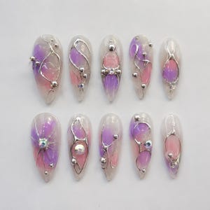 Purple Pink Chrome Press On Nails | Silver Line Hand Painted Fake Nails | Freestyle Event Birthday Prom Nail Set