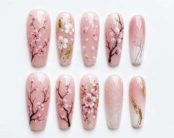 Plum Blossom Press On Nails | Hand Painted Spring Flower Nails | Luxury Cherry Blossom Fake Nails | Oriental Aesthetic Gift Her
