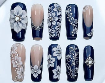White Floral Press On Nails, Navy Blue Ombre French Tip, Rhinestone 3D Design, Elegant Wedding Gift Nails