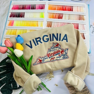 Virginia map embroidered sweatshirt – Retro floral American travel style sweatshirt”