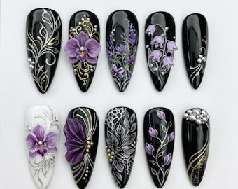 Handmade Gothic Floral Press On Nails with 3D Purple Flowers and Silver Beads – Dark Romantic Almond Nail Art Set