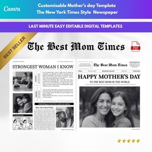母の日用編集可能な新聞テンプレート - 漫画、豆知識、パズル付きの、お母さんへのパーソナライズされた印刷可能なギフトカード