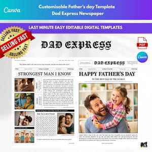 Father's Day Editable Newspaper Template – Dad express | Personalized Printable Gift with Dad joke Comic Strip, Facts & Puzzle for Dad