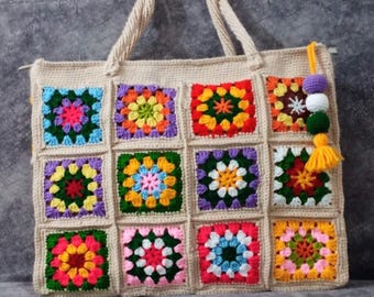 Handmade Crochet Granny Square Tote Bag, Lined Boho Shoulder Bag
