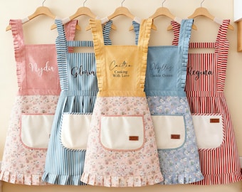 Personalized Cotton Kitchen Apron, Embroidered Floral Striped Aprons, Gift for Women/Mom/Her