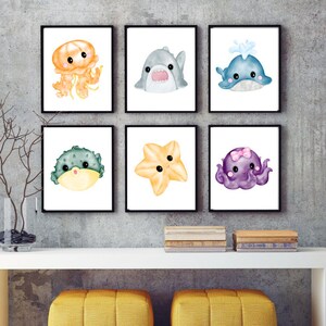 Printable 7 Set Aquatic Animals Wall Art, Sea Creatures Art, Nautical Nursery Art, Sea Animal Print,Under the Sea Nursery Deco,Digital Print