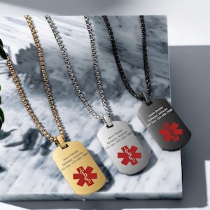 Personalized Medical Alert Necklace for Men Stainless Steel Engraved Medical ID Tag Emergency Necklace Gift for Men