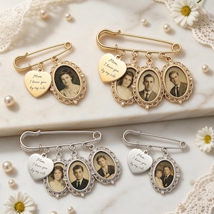 Custom Photo Wedding Bouquet Charm,Engraved Memorial Pin, Personalized Brouch Bridal Gift