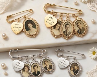 Custom Photo Wedding Bouquet Charm,Engraved Memorial Pin, Personalized Brouch Bridal Gift