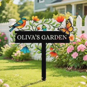 Plaque de jardin personnalisée en métal : motif oiseau et fleur, nom personnalisé