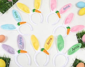 Diadema de orejas de conejo de Pascua personalizada, orejas de conejo de peluche con nombre bordado para niños, accesorios de Pascua