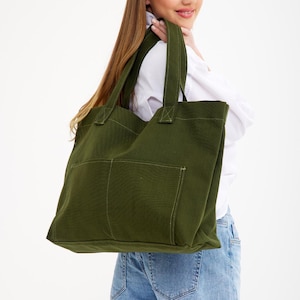 Green Canvas Tote Beach Bag | Extra Large Tote Bag, Canvas Bag With 4 Pockets, Oversize Tote, Extra Large Bag For Summer, Beach Bag