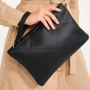 Schwarze Leder Clutch Bag | Clutch für Frauen, gesteppte große Leder Abendtasche, Abendtasche aus Leder, elegantes Handtaschen Geschenk