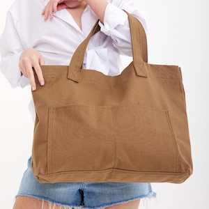 Brown Canvas Tote Beach Bag | Extra Large Tote Bag, Canvas Bag With 4 Pockets, Oversize Tote, Extra Large Bag For Summer, Beach Bag