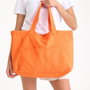 Orange Canvas Tote Bag: Oversized Beach Bag with Pockets