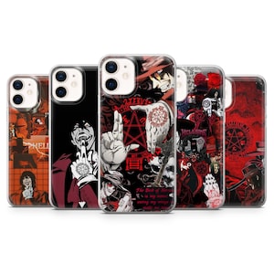 Könnte beinhalten: Fünf Handyhüllen mit Anime-Illustrationen in Rot, Schwarz und Weiß. Die Designs zeigen gotische und okkulte Themen mit verschiedenen Charakteren und Symbolen auf jeder Hülle. Die Hüllen sind für ein Smartphone.
