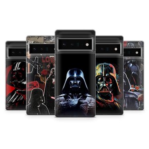 May include: A collection of five black phone cases featuring Darth Vader from Star Wars. Each case has a different artistic design, including portraits and graphic art. The cases are designed for a specific phone model.