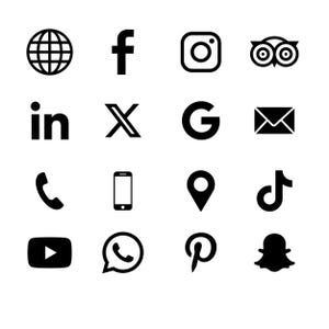 May include: A collection of black and white social media icons, including a globe, Facebook's 'f', Instagram's camera, and TripAdvisor's owl. Other icons include LinkedIn, X, Google's 'G', an envelope, a phone, a smartphone, a location pin, and TikTok's logo.