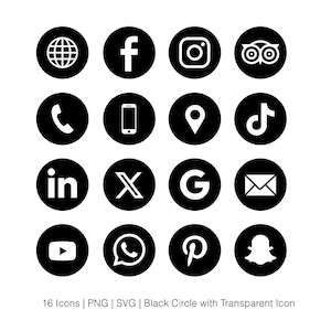 Op de afbeelding: Zestien zwarte cirkeliconen met witte symbolen die verschillende sociale mediaplatformen en communicatietools vertegenwoordigen. Inclusief iconen voor Facebook, Instagram en YouTube. De tekst onderaan luidt "16 Icons | PNG | SVG | Black Circle with Transparent Icon."