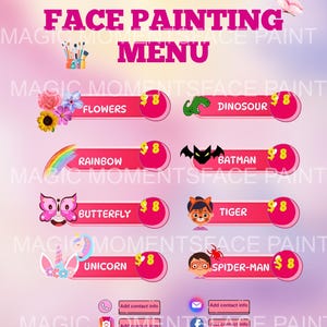 Plantilla editable de Canva para menú de pintura facial: 8 diseños / Descarga instantánea / Unicornio, flores, arcoíris, mariposa, dinosaurio, Spiderman y tigre