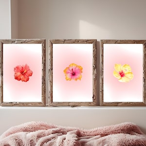 Hibiscus Flower Poster Set – DIGITAL DOWNLOAD, Minimalist 3-Pack Floral Wall Art, Pink Tropical Botanical Print, Modern Boho Bedroom Decor