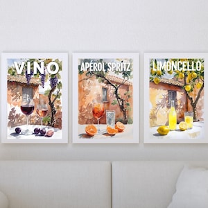 Ensemble d'affiches aquarelles de boissons italiennes - TÉLÉCHARGEMENT NUMÉRIQUE - oeuvres d'art vino, limoncello et aperol spitz, lot de 3 décorations de bar méditerranéen rustique