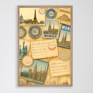 Vintage Postcard Collage Poster – DIGITAL DOWNLOAD, Travel Wall Art, Europe-Inspired Retro Print Featuring Paris, Munich, Dubrovnik & More