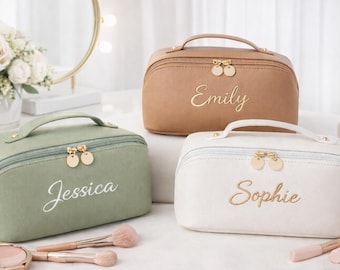 Personalized Embroidered Leather Makeup Bag, Embroidered Makeup Bag With Name, Cute Mother's Day Gift, Custom Large Capacity Cosmetic Bag