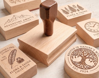 Personalized Wooden Logo Stamp, Custom Small Business Branding Stamp, Round Rectangle Self-Inking Stationery Stamp, Book Stamp