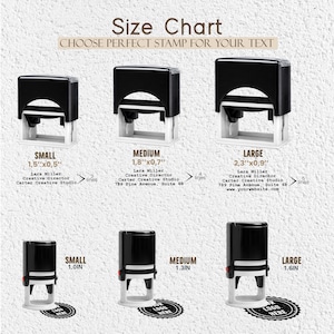 May include: Size chart showing three sizes of self-inking stamps: small, medium, and large. The small stamp is 1.5" x 0.5", the medium is 1.8" x 0.7", and the large is 2.3" x 0.9". The chart also shows the stamp sizes in inches.