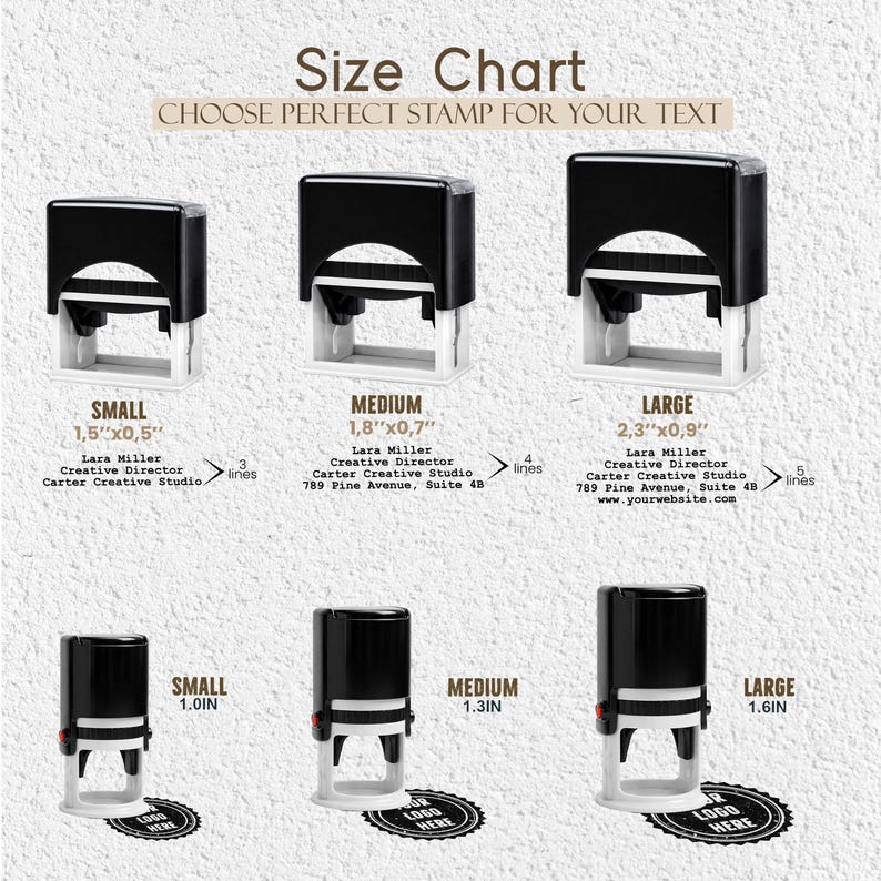 May include: Size chart showing three sizes of self-inking stamps: small, medium, and large. The small stamp is 1.5" x 0.5", the medium is 1.8" x 0.7", and the large is 2.3" x 0.9". The chart also shows the stamp sizes in inches.