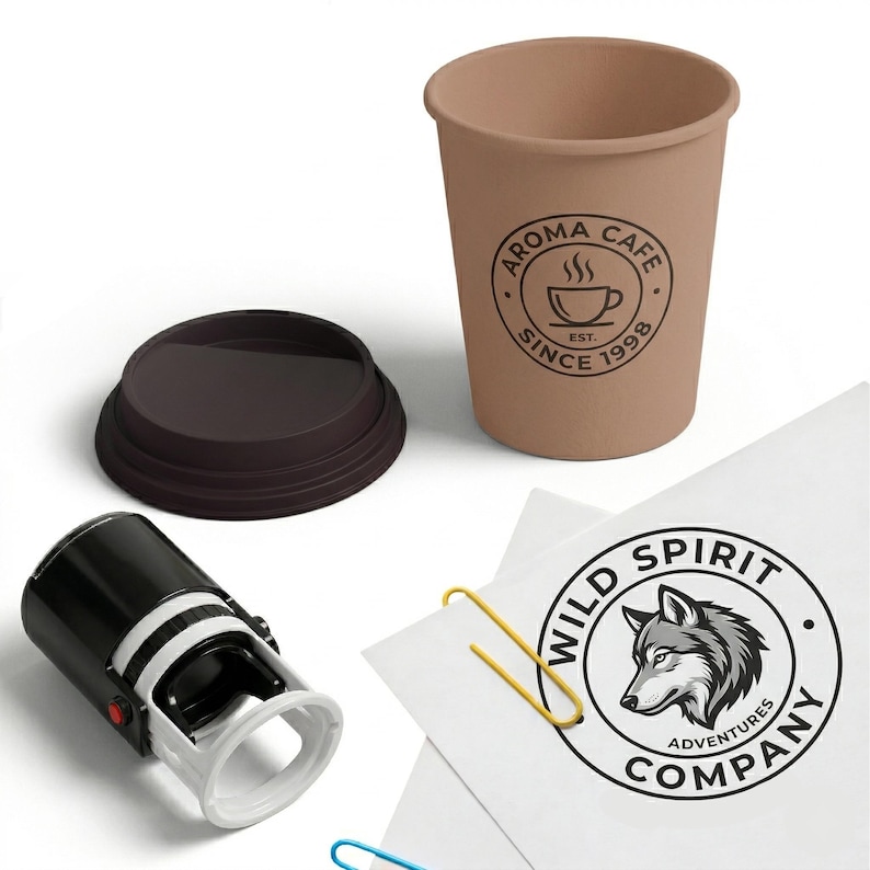 May include: A brown paper coffee cup with the text "AROMA CAFE" and a coffee cup graphic. A brown lid, a black and white stamp, and a paper with a wolf graphic and the text "WILD SPIRIT ADVENTURES COMPANY" are also present.