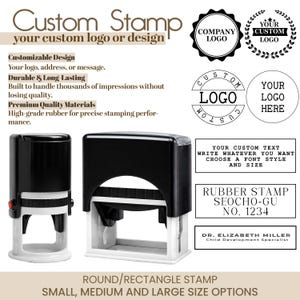May include: Two black and white custom stamps with the text "Custom Stamp" and "your custom logo or design." The image also shows examples of stamp designs, including a company logo and text options. The stamps are available in round and rectangle shapes.