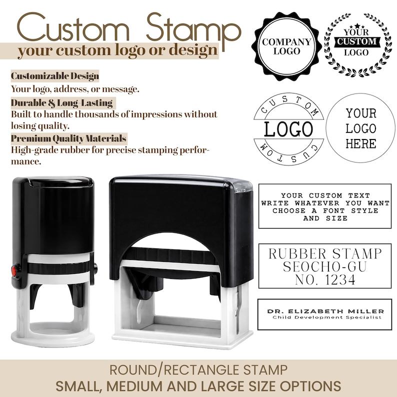 May include: Two black and white custom stamps with the text "Custom Stamp" and "your custom logo or design." The image also shows examples of stamp designs, including a company logo and text options. The stamps are available in round and rectangle shapes.
