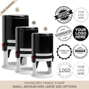 May include: Three black and white self-inking stamps in small, medium, and large sizes. The image also shows various round stamp designs with text such as "Official Notice", "Guarantee", and "Company Logo". The text "Round/Rectangle Stamp" is also visible.