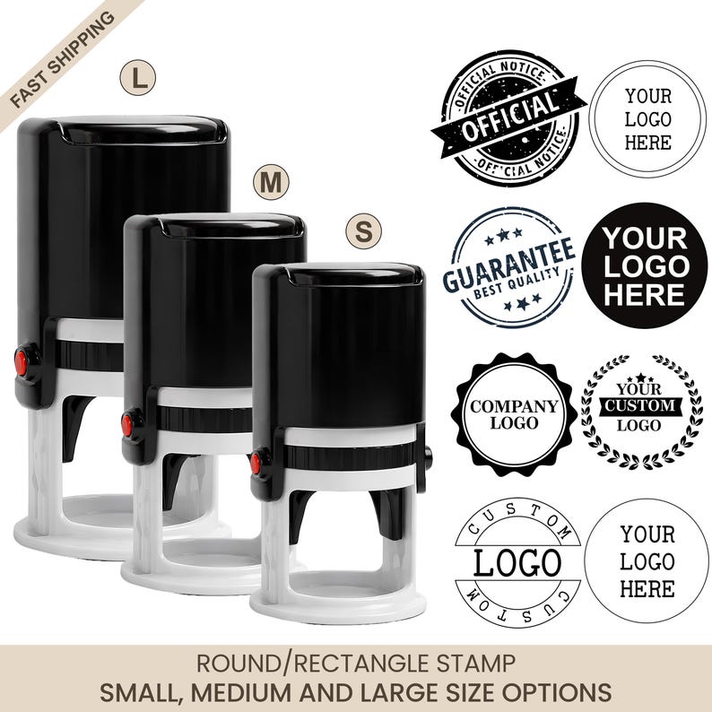 May include: Three black and white self-inking stamps in small, medium, and large sizes. The image also shows various round stamp designs with text such as "Official Notice", "Guarantee", and "Company Logo". The text "Round/Rectangle Stamp" is also visible.