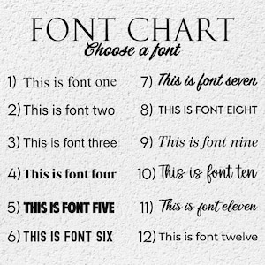 May include: A font chart with the title "FONT CHART" and the subtitle "Choose a font". The chart displays twelve different font styles, each numbered and accompanied by a sample sentence. The fonts vary in style, including serif, sans-serif, and script.