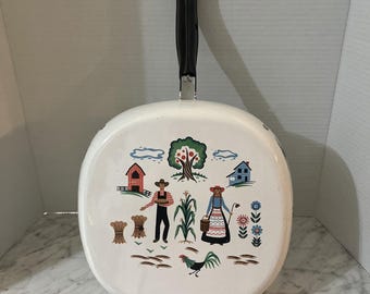 Sears VTG Cottage Berggren esmalte 8 "Fry Pan Skillet Farmer Rooster Barn