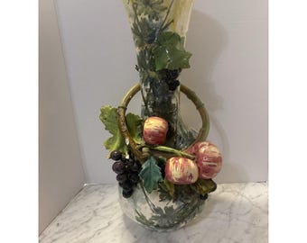 1960's Large 18" Majolica Vase Pottery with Apples, Grapes and Tree Branches
