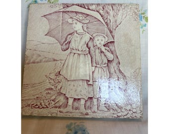 Antique Wedgood Eturia Reddish April Tile Victorian Transferware Umbrella 6x6