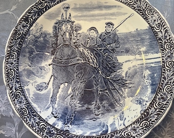 Plato decorativo grande de 15 pulgadas estilo Delft de VTG Boch Belgium, azul y blanco, con forma de carruaje de caballos.
