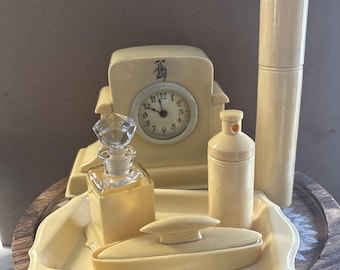 Juego de tocador VTG imitación marfil Versailles Ivory Du Barry Reloj Perfume