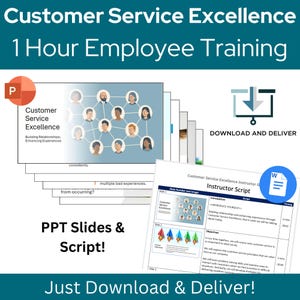 Könnte beinhalten: Ein digitales Schulungspaket mit dem Titel Customer Service Excellence 1 Hour Employee Training. Es enthält einen Stapel PowerPoint-Folien mit einem Netzwerk aus Personensymbolen und ein Word-Dokument als Kursleiter-Skript mit Tabellen und Text.